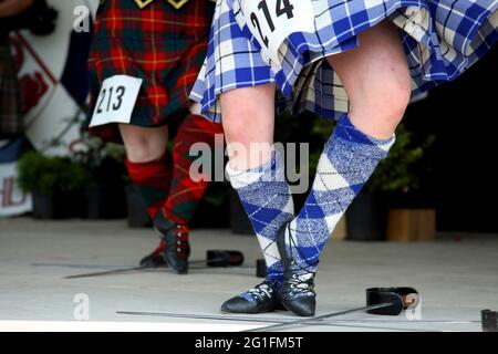 Highlandgames, Highland Games, Highland Dance, Highland Dance, Schwerttanz, Tartan, kariert, Schottland, Großbritannien, Antigonisch, Novo Scotia, Nova Stockfoto