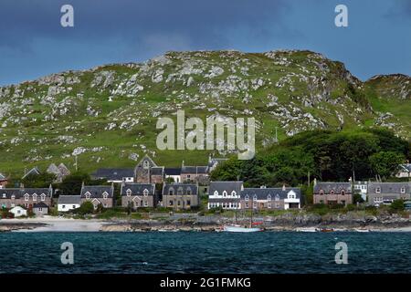 Baile Mor, Strand, Strandhäuser, Ferienhäuser, Nordatlantik, Dorf in Schottland, Hauptdorf von Iona, Baile Mor, Iona, Innere Hebriden, Hebriden Stockfoto