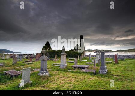 Kirchenruine, Grabsteine, Balnakeil Bay, Durness, Nordküste, Highlands, Highland, Schottland, Großbritannien Stockfoto