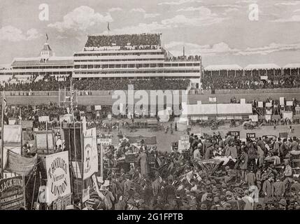 Eine Ansicht des Derby Day aus dem späten 19. Jahrhundert auf der Rennbahn Epsom Downs in einem Kreidehochland in der Nähe von Epsom in Surrey, England. Das Derby Stakes, auch als Epsom Derby oder Derby bekannt, ist ein flaches Pferderennen, das drei Jahre alten Hengsten und Stutfohlen offen steht. Er lief jedes Jahr am ersten Samstag im Juni auf der Rennbahn, über eine Strecke von einer Meile, vier Furlongs und 6 Yards (2,420 Meter), und wurde 1780 zum ersten Mal ausgeführt. Stockfoto