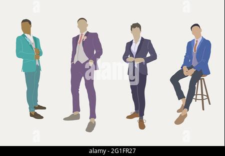 Vier Männer in verschiedenen Farben und Rennen posieren in modischen stilvollen Büro Freizeitkleidung in Anzügen Schuhe Stiefel stehend sitzen Vektor Illustration Stock Vektor