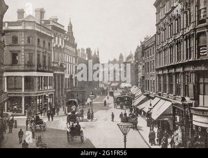 Eine Ansicht der New Street aus dem späten 19. Jahrhundert im Zentrum von Birmingham, England. Es ist eine der wichtigsten Durchgangsstraßen und Einkaufsstraßen der Stadt, die den Victoria Square mit der Stierkampfarena verbinden. Es gibt seinen Namen zu New Street Bahnhof, obwohl der Bahnhof hatte nie direkten Zugang zur New Street außer über Stephenson Street. Stockfoto