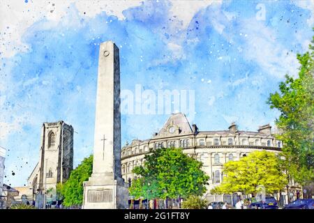 Cenotaph war Memorial Obelisk mit St. Peters Kirche und Geschäften im Hintergrund, Harrogate, North Yorkshire, England, UK-Digitaler Aquarelleffekt. Stockfoto