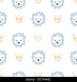 Hand gezeichnet niedlichen Löwen und Krone Vektor Illustration nahtlose Muster Baby junge. Einfache, wiederholte Textur mit skandinavischen Elementen. Vorlage für Baby Stock Vektor
