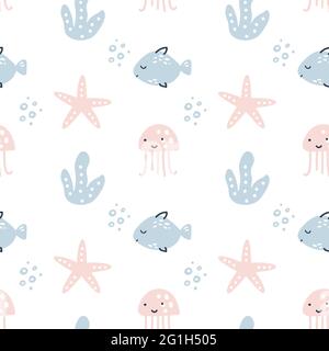 Scandinavian Nahtloses Vektor-Muster mit Fischen, Seesternen und Punkten. Summer Vector Trendy Design perfekt für Drucke, Flyer, Banner, Stoff Stock Vektor