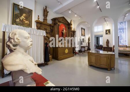 Rouen (Nordfrankreich): Flaubert Museum und Medizinhistorisches Museum. Das ehemalige Billardzimmer mit einer Marmorbüste von Gustave Flaubert, die Leopo modellierte Stockfoto