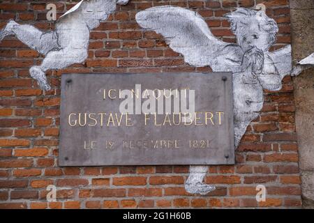 Rouen (Normandie, Nordfrankreich): Eingang zum Flaubert Museum und Medizinhistorisches Museum mit einer Collage des Künstlers Gaspard lieb Stockfoto