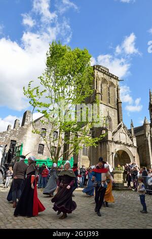 Locronan (Bretagne, Nordwestfrankreich): Baum des Mai. Jedes Jahr am ersten Samstag im Mai wird auf dem Kirchplatz eine Buche gepflanzt, um zu feiern Stockfoto