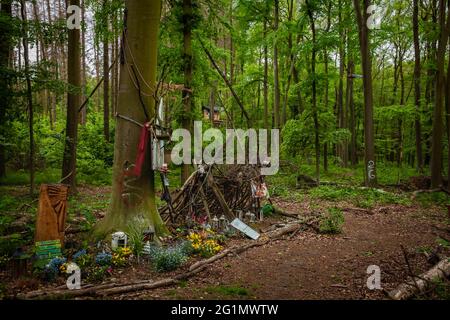 Details Blick auf das Protestcamp der Naturschutzaktivisten im Hambacher Wald Stockfoto