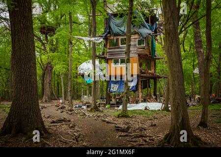 Details Blick auf das Protestcamp der Naturschutzaktivisten im Hambacher Wald Stockfoto