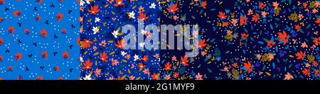 Setzen Sie trendige nahtlose Muster mit handgezeichneten Zierblumen in Blau- und Rottönen. Florale Vektor-Muster für Textil, Druck, Geschenkverpackung, manufact Stock Vektor