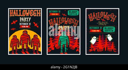 Set von Halloween Party Invatation Plakaten. Coole Poster mit handgeschriebener Kalligraphie, lustigen Monstern und Ort für Informationen. Grunge-Stilvektor il Stock Vektor
