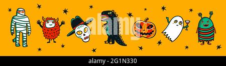 Halloween horizontales Banner mit lustigen Monstern. Cartoon-Stil Vektor-Illustration auf gelbem Hintergrund Stock Vektor