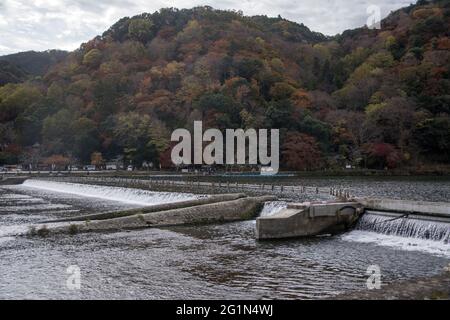 KYOTO, JAPAN - 11. Dez 2019: Kyoto, Japan-26. Nov 2019: Katsuragawa-Fluss mit farbenprächtiger Waldlandschaft im Arashiyama-Distrikt, Kyoto Stockfoto