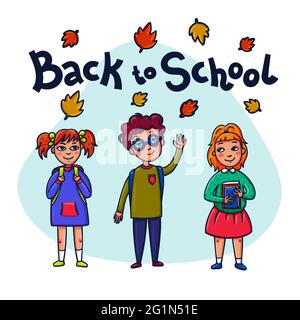 Zurück zur Schule. Lustige Kinder mit Schulbüchern und Rucksäcken. Schulzeichen und Text zurück zur Schule. Vektorgrafik Stock Vektor