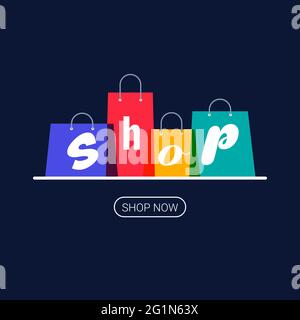 Einkaufstaschen mit Ladenbeschriftung. Logo für Online-Shopping. Schaltfläche „Jetzt kaufen“. Vektorgrafik auf dunklem Hintergrund. Stock Vektor