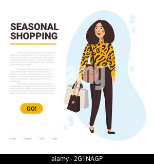 Saisonales Shopping-Konzept. Stylische Damen mit Einkaufstaschen beim Kauf. Banner- oder Webseitenvorlage. Flache Vektorgrafik Stock Vektor