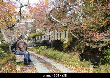 KYOTO, JAPAN - 10. Dez 2019: Kyoto, Japan- 24. Nov 2019: Touristen beobachten Herbstfarben entlang des Philosophenpfades in Kyoto. Stockfoto