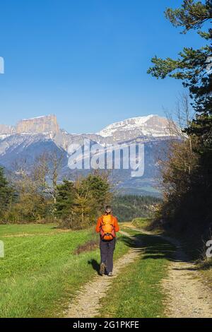 Frankreich, Isere, Trieves Region, Wanderung von Mens auf dem Wanderweg GR 965 (auf den Spuren der Hugenotten), Mont Aiguille (alt: 2086m) und Grand Veymont (alt: 2341m) im Hintergrund des Vercors-Massivs Stockfoto