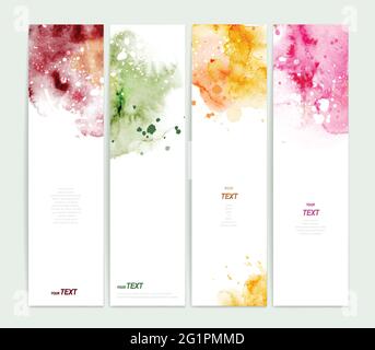 Set aus vier bunten Banner, abstrakte Header werden kreativ mit hellen Aquarellfarben. Stock Vektor