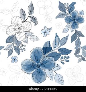 Nahtloses Muster mit wunderschönem blauen floralen Aquarell-Stil auf weißem Hintergrund. Die anderen 2 Farbfelder enthalten. Stock Vektor