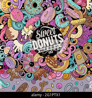 Handgezeichnete Vektorgrafiken von Donuts. Süßwaren Rahmen Karte Design. Donut Elemente und Objekte Cartoon Hintergrund. Helle Farben lustige Grenze. Stock Vektor