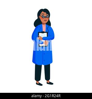 Wissenschaftlerin. afroamerikanische Frau in einem blauen medizinischen Kleid auf weißem Hintergrund. Konzept der Genomsequenzierung. Vektorgrafik im flachen Stil Stock Vektor