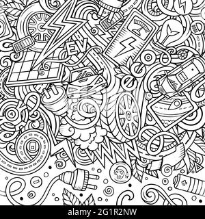 Cartoon niedlichen Kritzeleien Elektro-Fahrzeug Frame-Karte. Line Art detailliert, mit vielen Objekten Hintergrund. Alle Objekte getrennt. Grenze mit Öko-Autos Symbo Stock Vektor