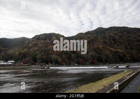 KYOTO, JAPAN - 11. Dez 2019: Kyoto, Japan-26. Nov 2019: Katsuragawa-Fluss mit farbenprächtiger Waldlandschaft im Arashiyama-Distrikt, Kyoto Stockfoto