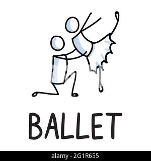 Stick Figuren Ikone des Balletttanzes. Tänzer Ballerina und Ballerino Piktogramm mit Text. Stock Vektor