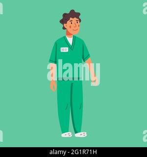 Sozialarbeiter oder Krankenschwester mit grüner Uniform auf grünem Hintergrund. Mann, Arzt. Vektorgrafik im flachen Stil Stock Vektor