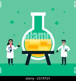 Wissenschaftler Männer und Frauen arbeiten im Science Lab. Kleine Menschen und ein riesiges Reagenzglas auf grünem Hintergrund. Wissenschaftliches Forschungskonzept. Flacher Style vec Stock Vektor