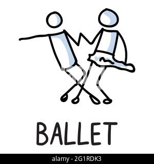 Stick Figuren Ikone des Balletttanzes. Tänzer Ballerina und Ballerino Piktogramm mit Text. Stock Vektor