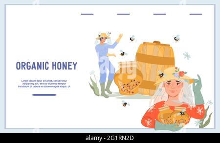 Bio-Honig-Website-Vorlage mit Zeichen von Imkern, die Honig produzieren, flache Vektor . Stock Vektor