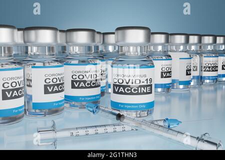 Ampullen mit Covid-19-Impfstoff und Spritzen zum Schutz vor Coronavirus. 3D-Rendering. Stockfoto