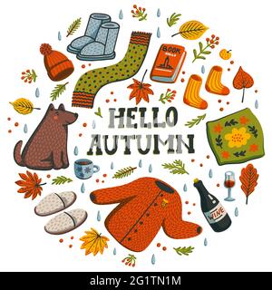 Hallo Herbst Kreis Zusammensetzung. Herbst-Basics warme Kleidung, Beeren und Blätter, Buch, alles für eine warme Atmosphäre. Herbstsaison Elemente auf Weiß Stock Vektor