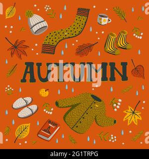Hallo Herbst. Kollektion von Elementen der Herbstsaison. Herbst-Grußkarte mit gemütlichen Wohngegenständen für den Herbst. Handgezeichneter Vektor im flachen Stil Stock Vektor