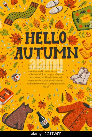 Hallo Herbst gelbe Grußkarte. Banner-Vorlage mit Herbst-Basics und Platz für Text. Grußkarte für den Herbst mit kuscheligen Artikeln für den Herbst Stock Vektor
