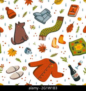 Nahtloses Herbstmuster. Basics für die Herbstsaison warme Kleidung, Kissen, Porto, Herbstbeeren und Blätter, Buch und niedlicher Hund auf weißem Hintergrund. Flach Stock Vektor
