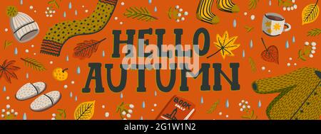 Vector Set von Herbst Ikonen Pullover, fallende Blätter, gemütliches Essen, Kerzen, Buch und niedlichen Hendgehog. Scrapbook Sammlung von Herbst Saison Elemente. Hell Stock Vektor