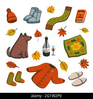 Hallo Herbstsymbole. Herbst-Basics warme Kleidung, Blätter, Bücher, alles für eine warme Atmosphäre. Herbstsaison Elemente auf weißem Hintergrund. Flache Hand Stock Vektor