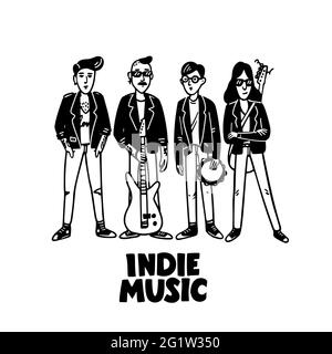 Indie-Rock-Band. Schwarz-weiße Illustration von Musikern in Lederjacken. Vorlage für Karte, Poster, Banner, Druck für T-Shirt, Pin Stock Vektor