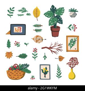 Lagom. Konzept des skandinavischen Lebensstils. Illustration mit Pflanzen und gemütlichen Sachen auf weißem Hintergrund. Farbenfrohe, flache Vektorgrafik. Stock Vektor