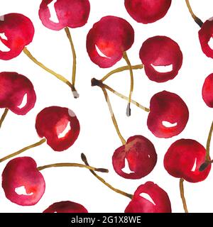 Rote, wasserfarbige Kirschen. Nahtloses, handbemaltes Muster Stockfoto
