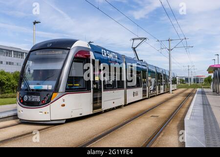 Eine Straßenbahn in Edinburgh, die an einem sonnigen Tag mit der Werbung von CR Smith an einer Straßenbahnhaltestelle im Edinburgh Park versehen ist Stockfoto