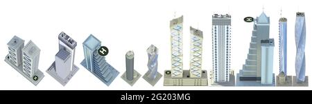 Set aus feinen, detaillierten abstrakten Wolkenkratzern mit fiktionalem Design und blauer Himmelssinnung - isolierte 3D-Darstellung von Architektur in Hochansicht Stockfoto