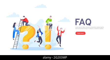 Q- und A- oder FAQ-Konzept mit winzigen Personen-Charakteren, großen Fragen und Ausrufezeichen, Vorlage für häufig gestellte Fragen. Beantwortet Business-Support c Stock Vektor