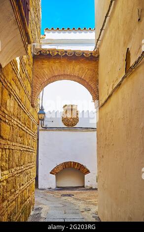 Das mittelalterliche Herrenhaus mit Steinwappen und Löwen hinter dem alten Backsteinbogen in der Calleja de la Luna Straße, Juderia, Cordoba, Spanien Stockfoto