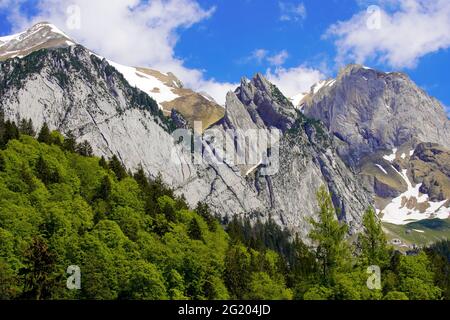 Bergpanorama in Wildhaus von der Straße 16, Kanton St. Gallen, Schweiz. Stockfoto