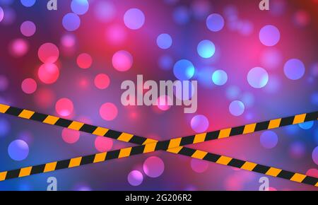 Polizei Blitzlicht Fackeln Bokeh Hintergrund mit Polizei Linie. Die Notbeleuchtung blinkt rot und blau auf dem Hintergrund des Nachtbokeh. Stock Vektor